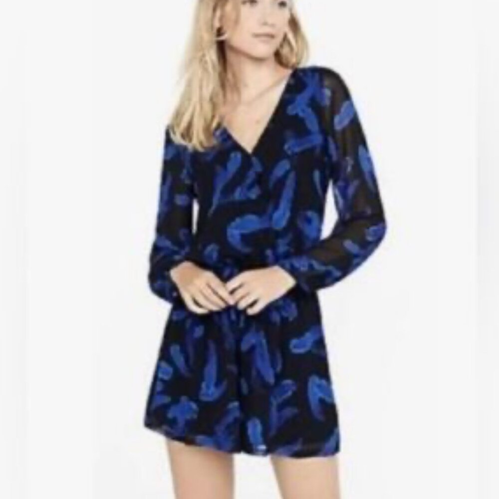 Express Feather Print Sheer Sleeve Faux Wrap Romper Blue Black XS